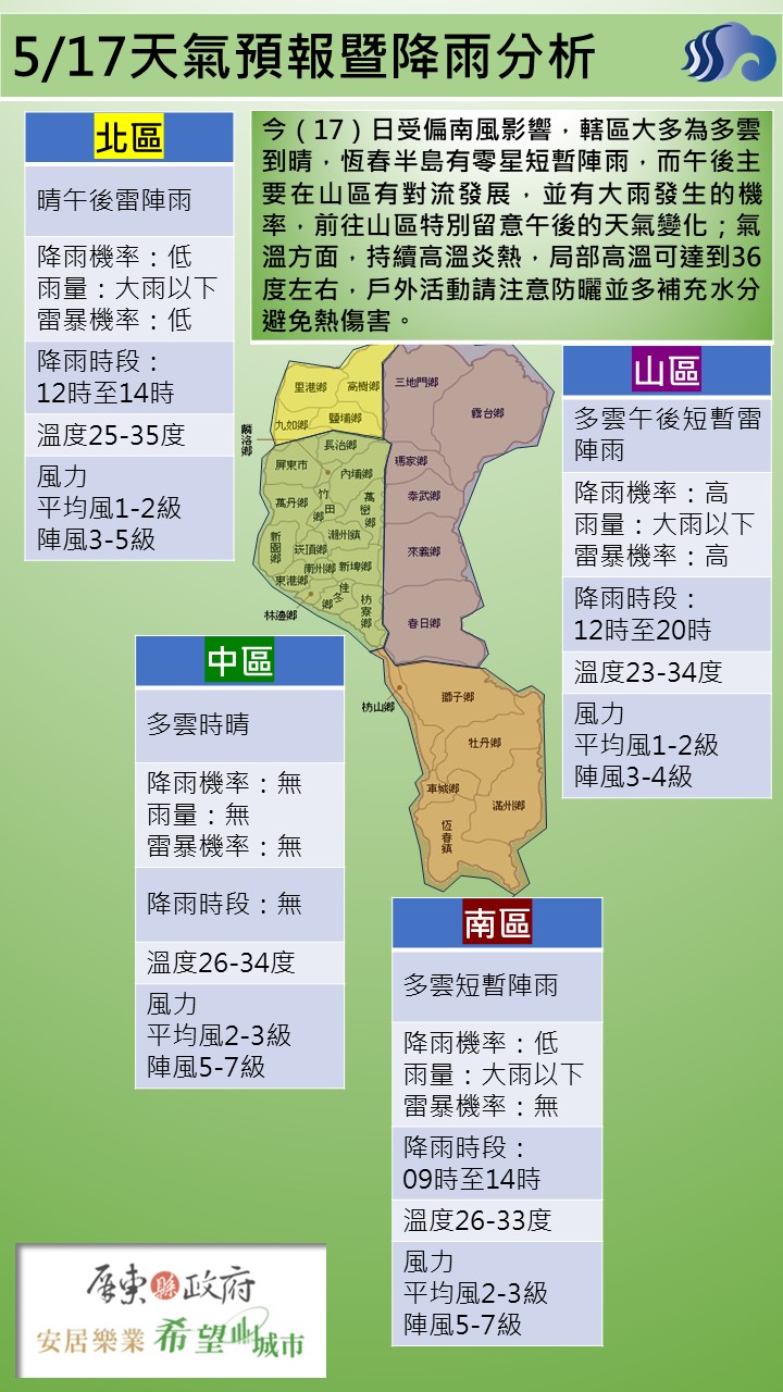 警示說明:而午後主要在山區有對流發展