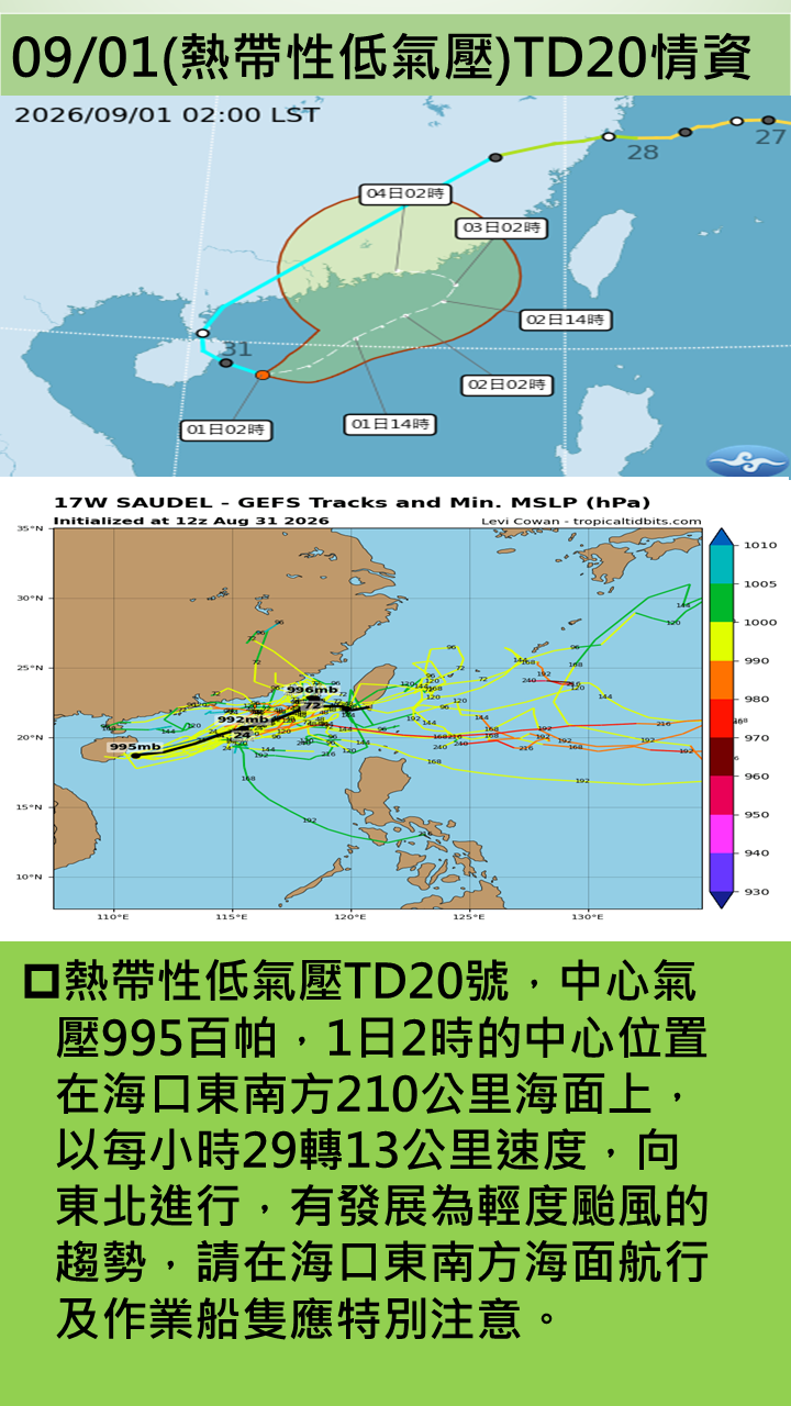 警示說明:1日2時的中心位置在海口東南方210公里海面上