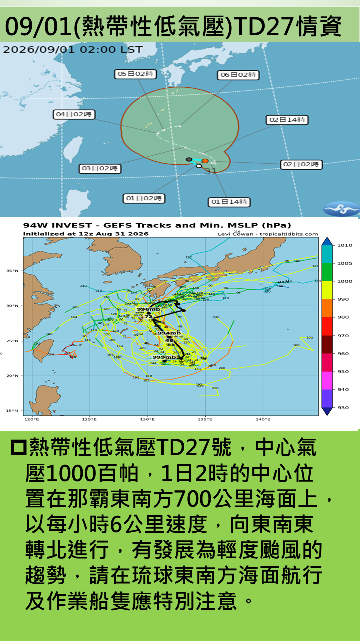 警示說明:1日2時的中心位置在那霸東南方700公里海面上