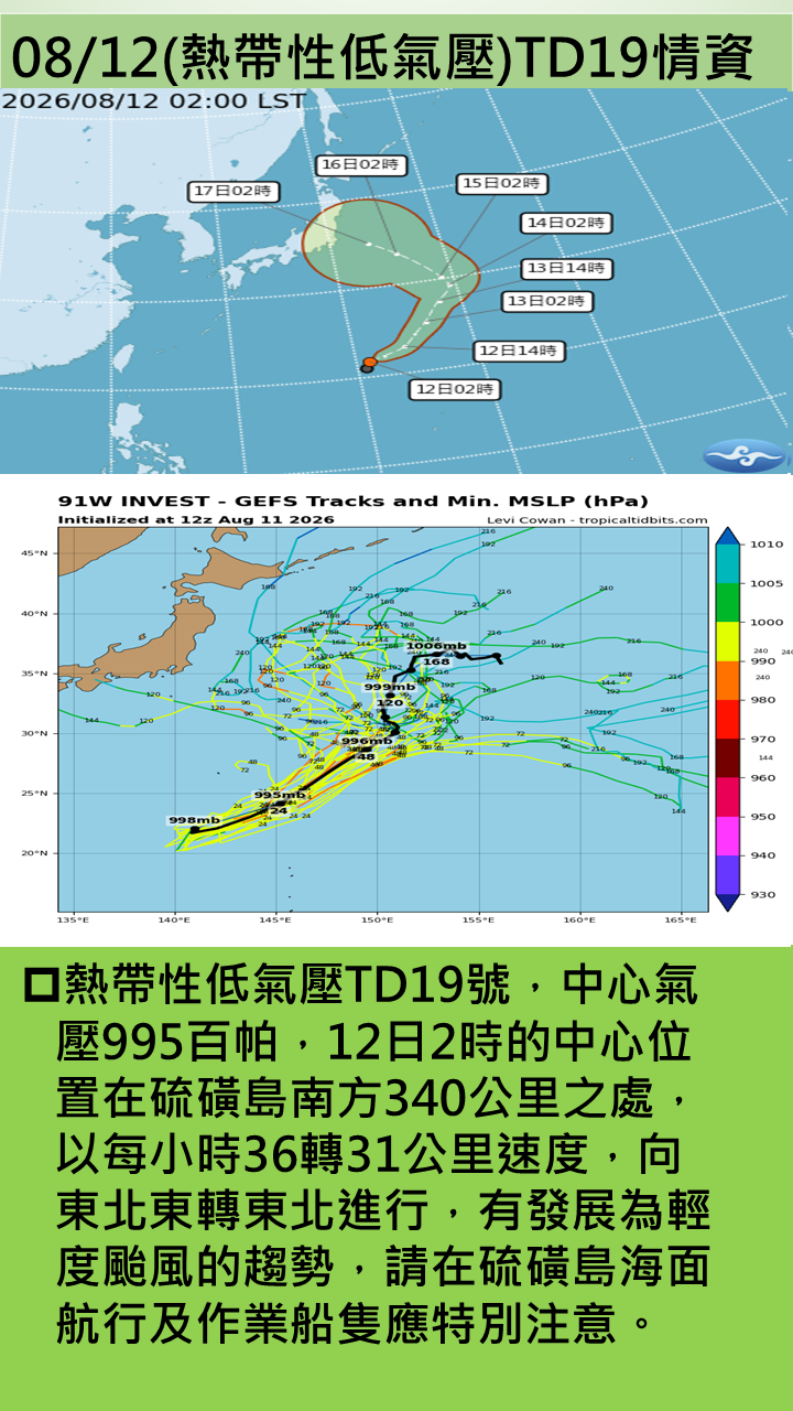警示說明:硫磺島南方340公里之處，以每小時36轉31公里速度，向東北東轉東北進行