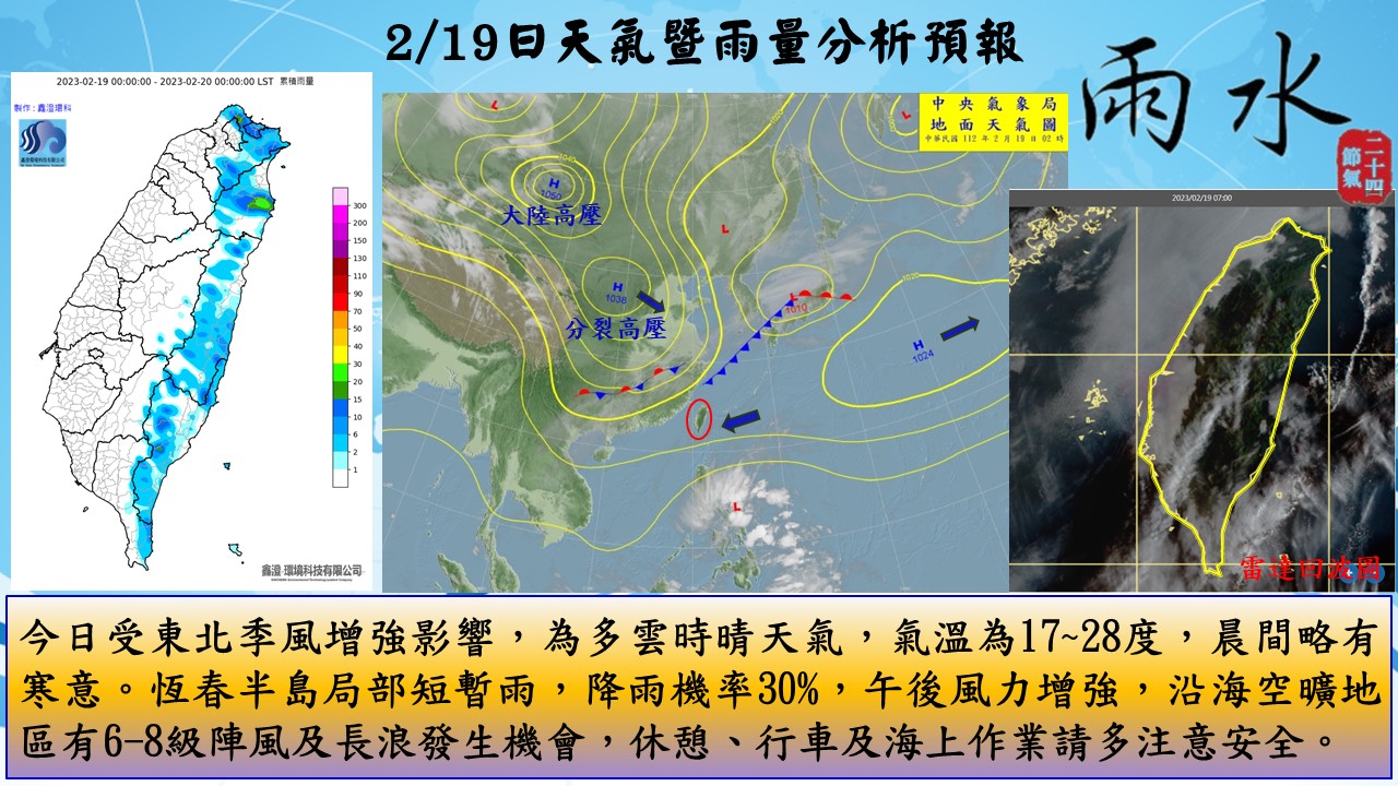 警示說明:今日受東北季風增強影響，為多雲時晴天氣，氣溫為17~28度，晨間略有寒意。恆春半島局部短暫雨