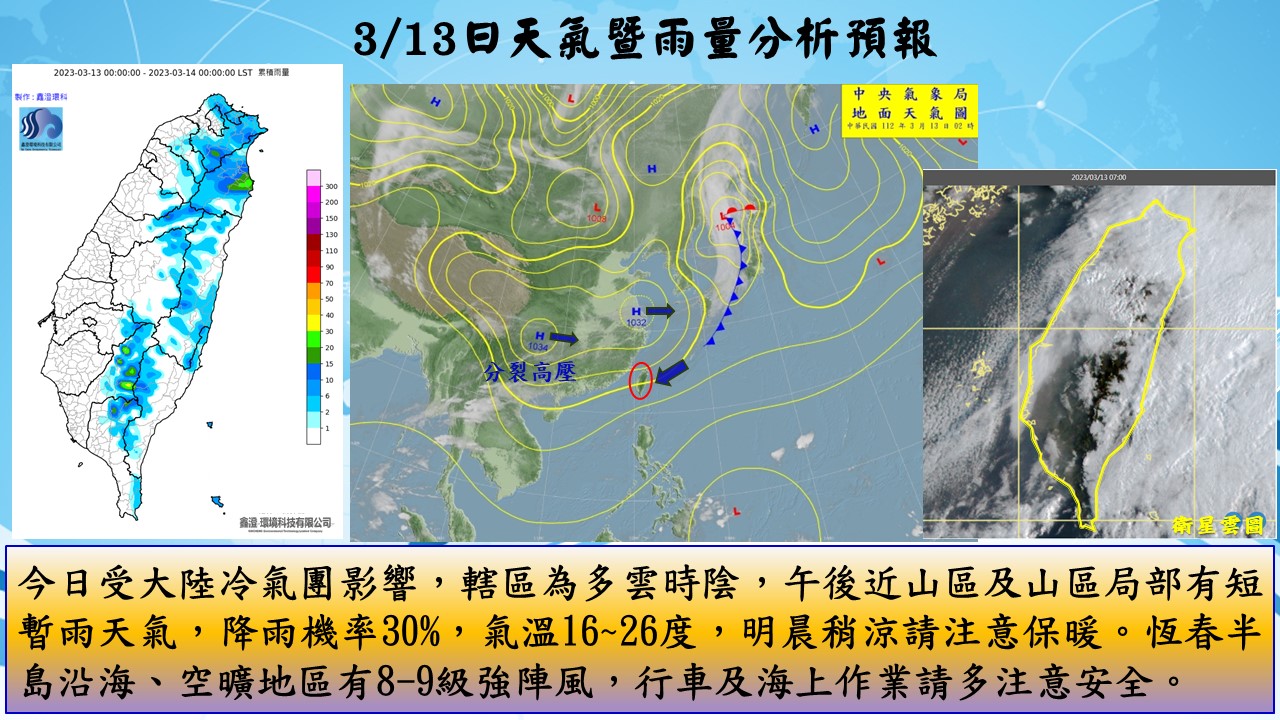 警示說明:今日受大陸冷氣團影響，轄區為多雲時陰，午後近山區及山區局部有短暫雨天氣，降雨機率30%，氣溫16~2